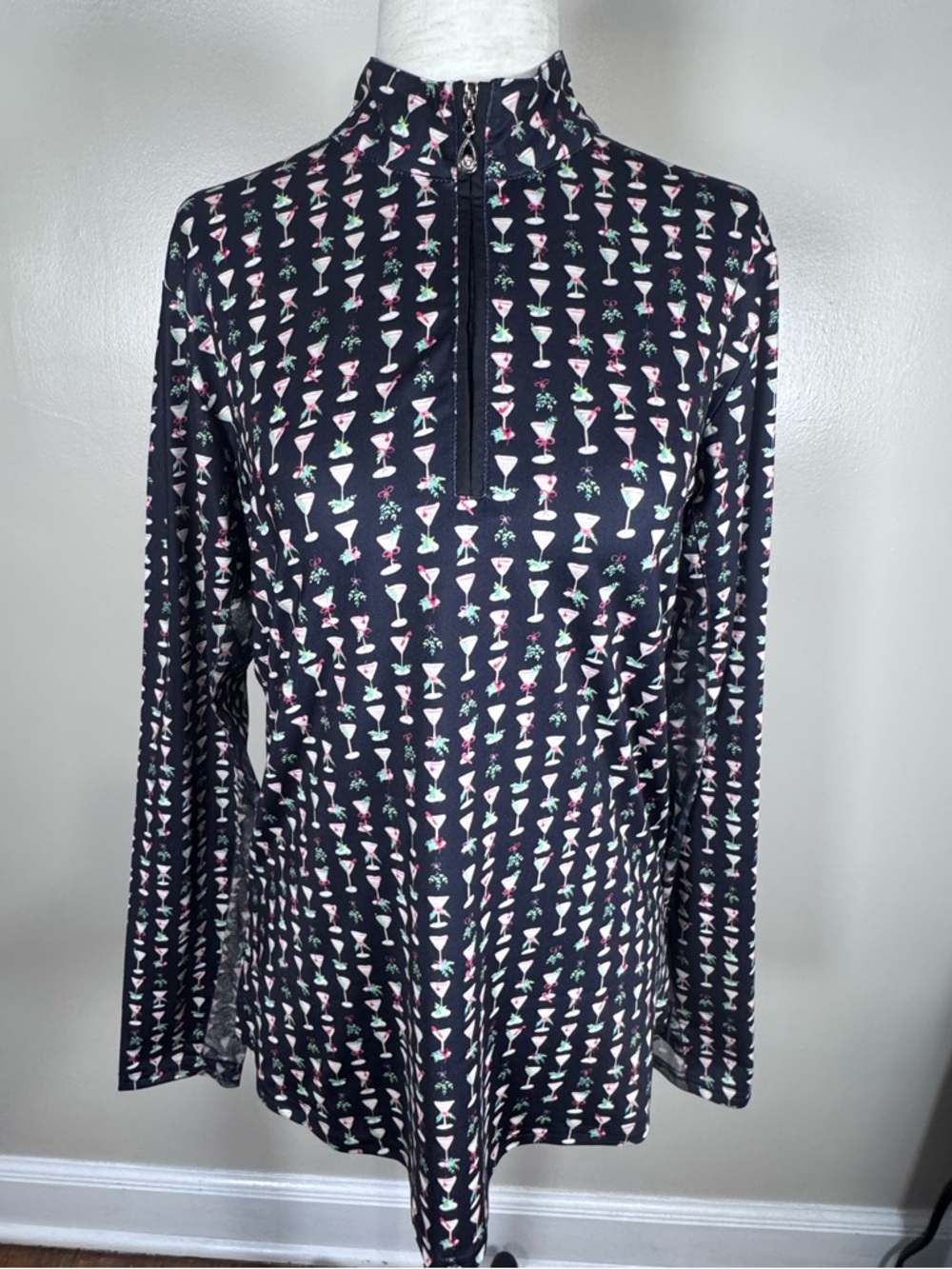 San Soleil Sz M Christmas Holiday Martini Print Quarter Zip Pullover Golf Top